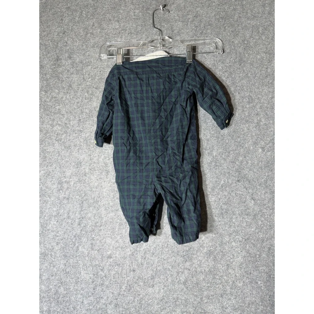 Ralph Lauren Baby Boy Black Watch Plaid Romper 6M Embroidered Crest Long Sleeve